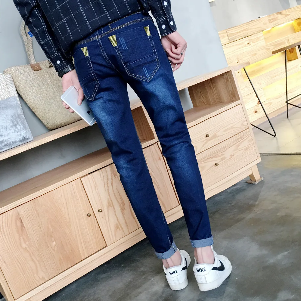 Мода Маленькие Ноги Мужские Джинсы Марка Люкс Классический Синий Тощий джинсы