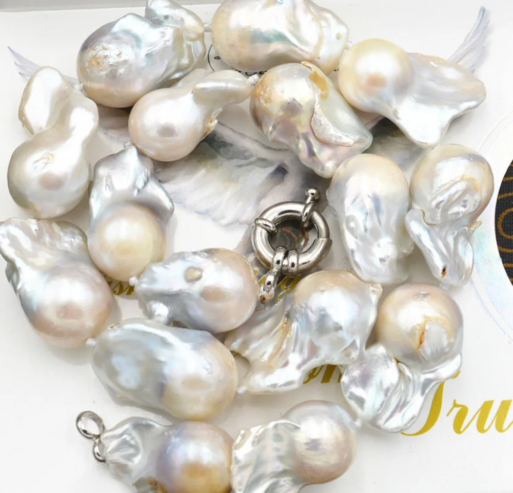 

New 15x18mm Natural South Baroque White Akoya Pearl Necklace 18"