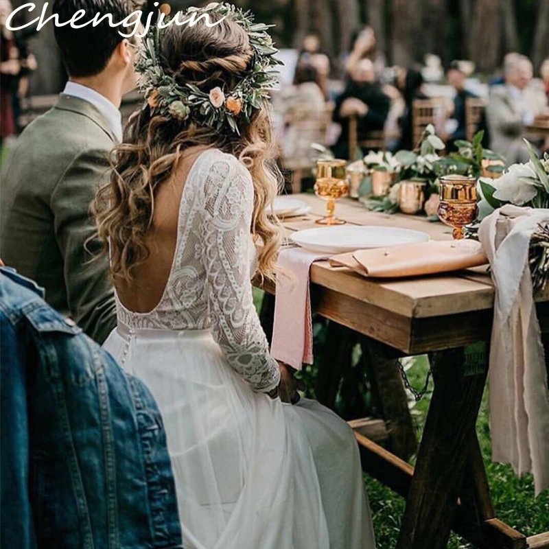 Chengjun Bare Back Long Sleeves Lace Chiffon Beauty Beach Boho Wedding Dress | Свадьбы и торжества