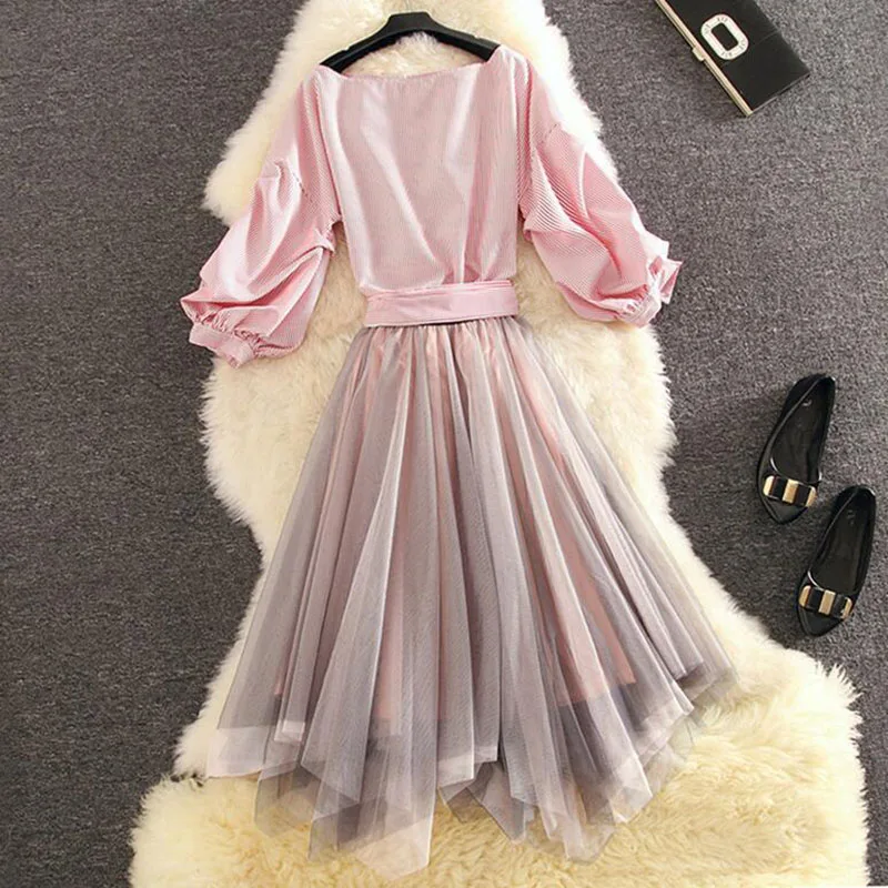 OLGITUM Vintage Spring Summer 2020 Lace Vestido Suit Elegant Mesh Long Midi Slim Pleated Set Women's Two-piece WS113 | Женская