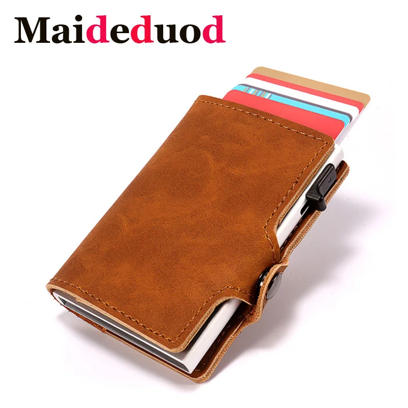 

Maideduod 2018 New fashion Blocking Rfid Wallet Mini PU Leather Business Aluminium Credit Card Holder Automatic Pop Up Card Case