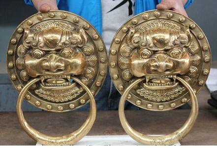 

12" Chinese Brass Foo Dog Head Door knocker Gate Pair Crafts Home Furnishing Arts pure copper