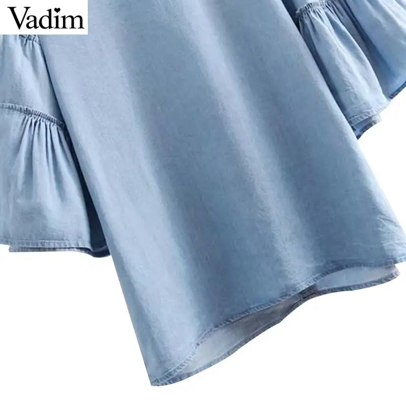 Vadim women sweet ruffled tencel denim blouse loose-fitting flare sleeve o neck shirts female summer casual tops blusas DA002 |