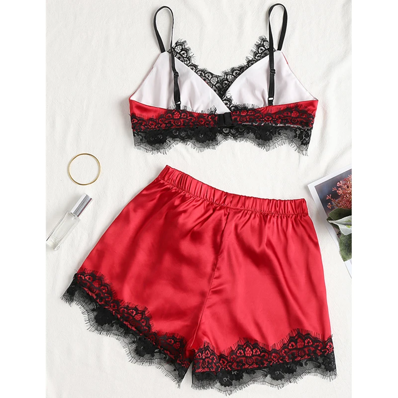 Модный женский пижамный комплект Сексуальный Атласный белая кружевная Пижама с