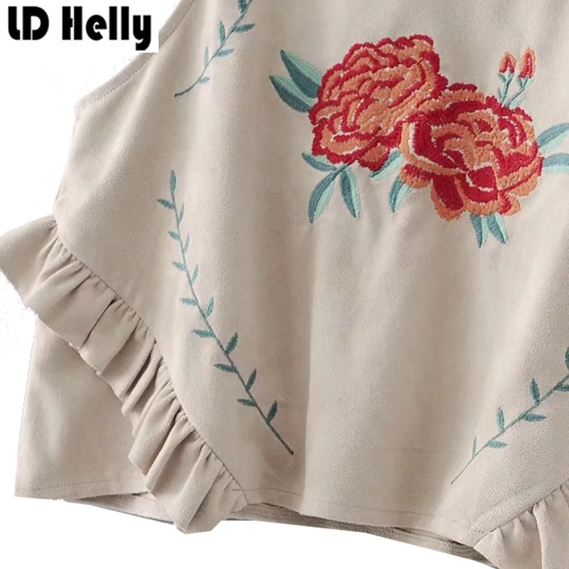 LD Helly Summer Women Sweet Ruffles Floral Embroidery Suede Short Blouse O-Neck Sleeveless Crop Tops Female Shirt Blusas Mujer |