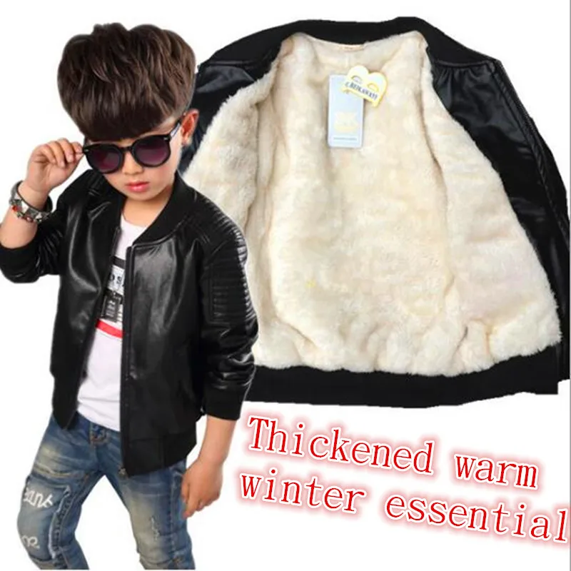 2017 GLXN Kids boy's PU warm leather faux fur hooded jacket coat hot down parkas thicken boys outerwear thickened |