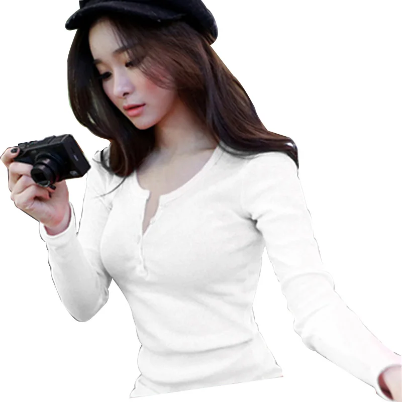 Женская футболка с v-образным вырезом и длинным рукавом однотонная Повседневная