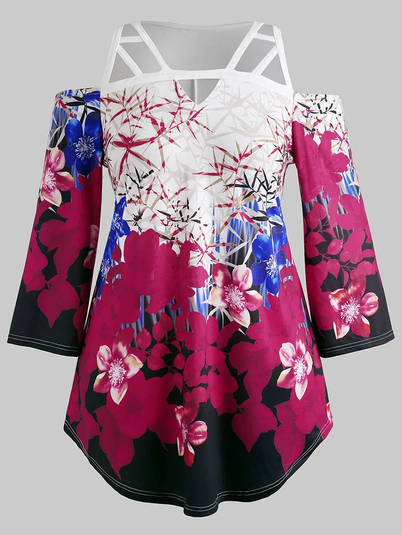 PlusMiss плюс размер цветочный принт Boho холодное плечо Туника Длинные Топы 5XL