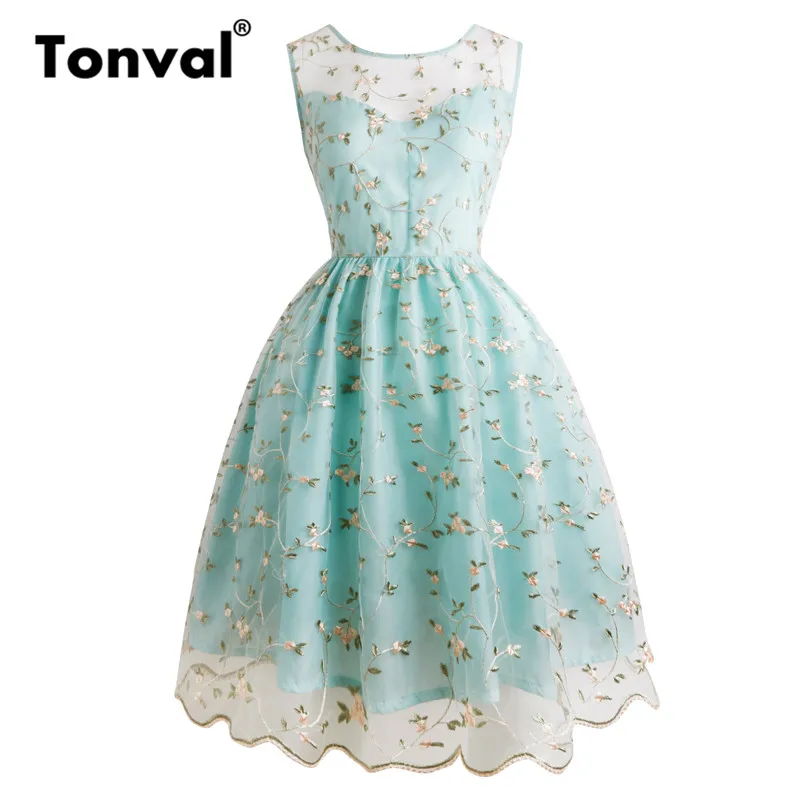 Light Green Tonval женское Сетчатое розовое платье с вышитыми маленькими цветами женское Плиссированное простое летнее Повседневное платье с глубоким v-образным вырезом на спине - Цвет: Light Green