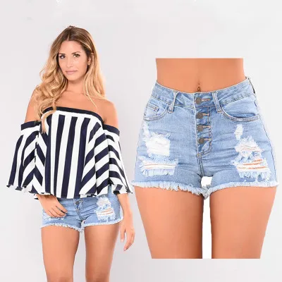 

Короткие модные джинсы с высокой талией, повседневные джинсовые шорты для женщин 2018, Искусственно состаренная, с дырками, сезон весна-лето; ...