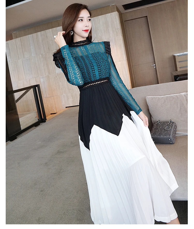 2018 Fashion Women Self Portrait Lace Patchwork Chiffon Long Sleeve Holiday Dress Autumn Brand Design Runway Party Dresses | Женская
