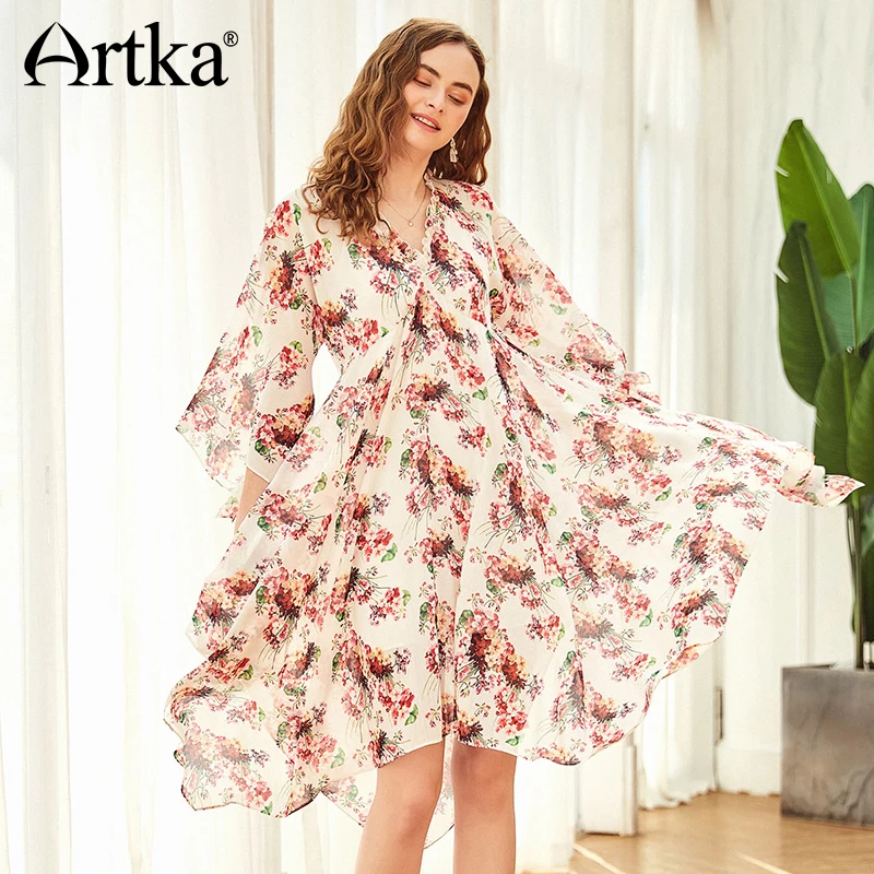 Женское платье с цветочным принтом ARTKA разноцветное асимметричное V образным