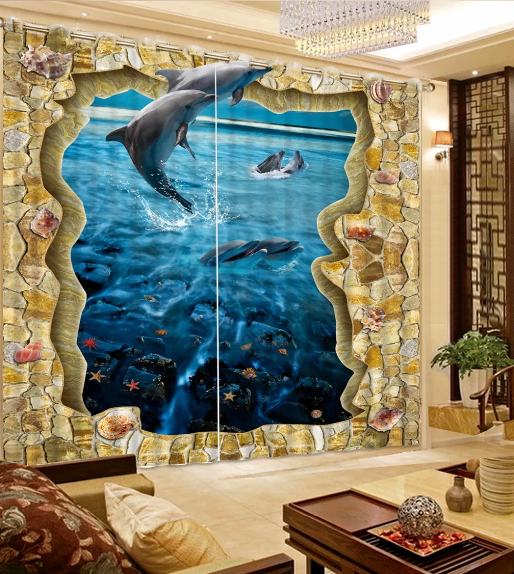 

High Quality Customized Curtains dolphin playing Sheer Curtains For Living Room Bedroom Printing 3D Kitchen Drapes Curtains