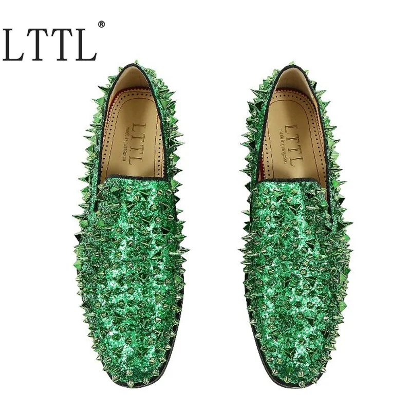 LTTL New Handmade Glitter Long Spikes Men Loafers Bling Sequins Men's Banquet Wedding Shoes Slip On Rivets Casual | Обувь