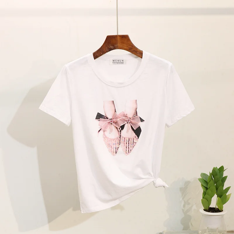 Летние топы женская футболка 2020 расшитая бисером с блестками на экране коротким