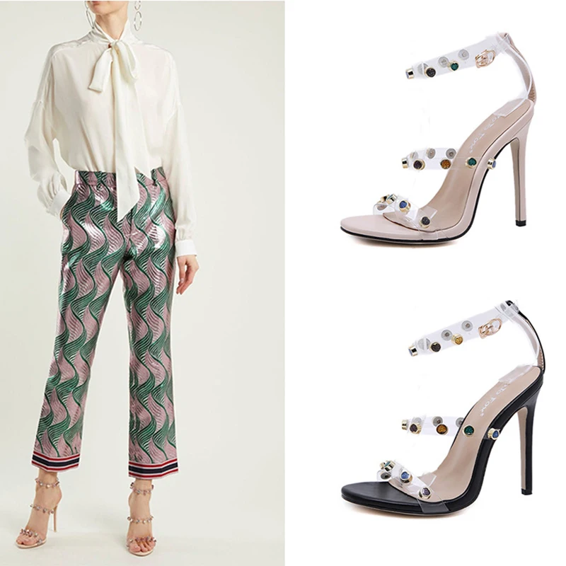 2019 Модные женские сандалии со стразами пикантные гладиаторы на тонком высоком