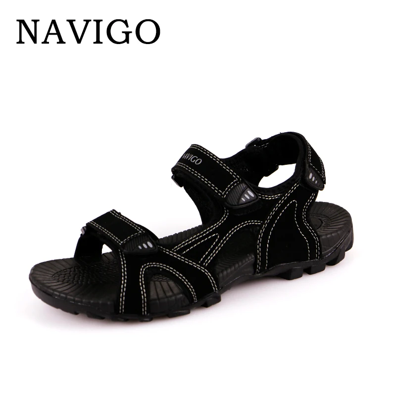 NAVIGO Men Leather Sandals Rubber Sole Summer Casual Shoes Sandal Mens Plus Size 12 Black Color | Обувь