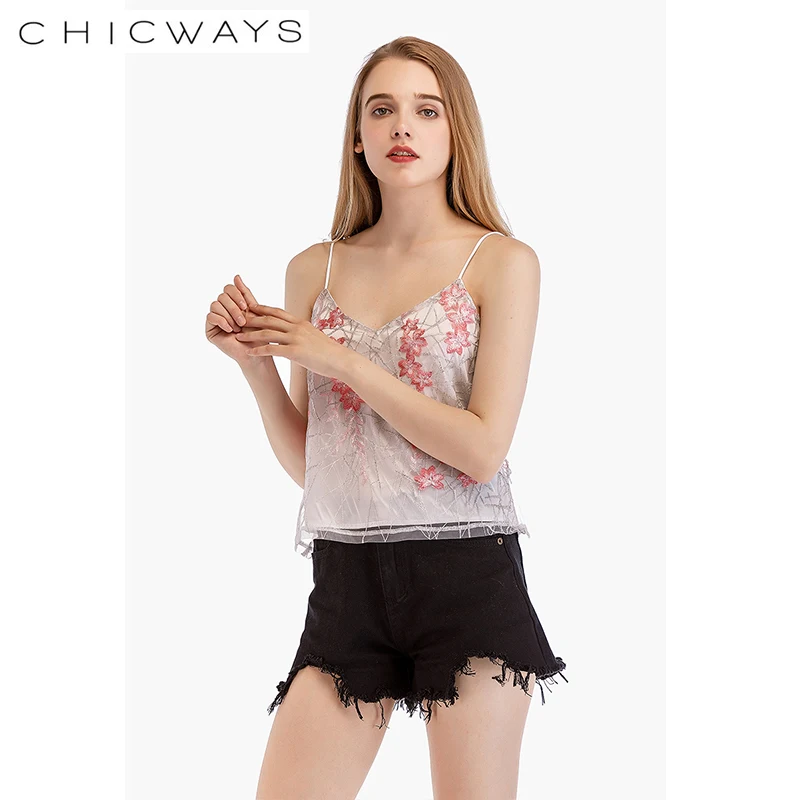 CHICWAYS Fashion heavy Lace Embroidered Flower Tops Women Strap Mesh Camis Bauhinia Beach V-neck Short Vest Loose Tank Top | Женская