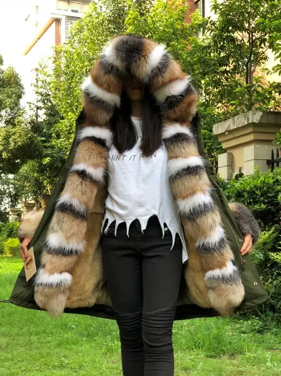 FLFP01 green-color4 Fandy lokar натуральное меховое пальто, отделенная подкладка, натуральный мех кролика Рекс, парка из натурального Лисьего меха, черная куртка, зимнее пальто, длинное меховое пальто для женщин - Цвет: FLFP01 green-color4