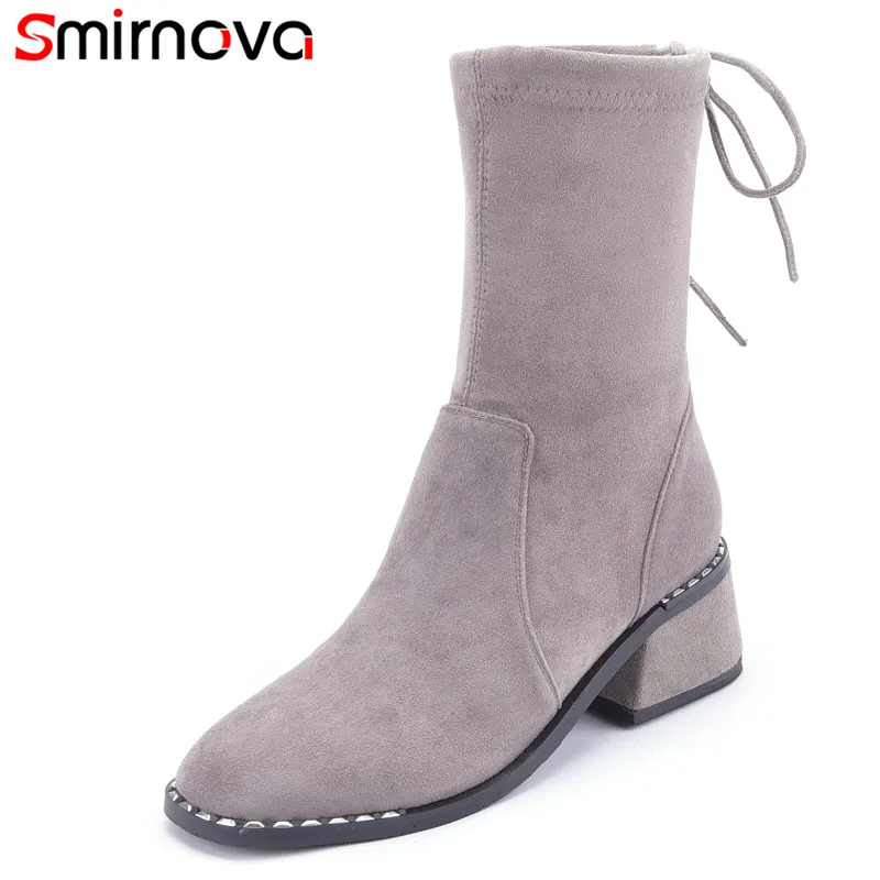 Smirnova NEW arrival 2018 women boots with narrow band square med heels ankle for suede leather comfortable | Обувь