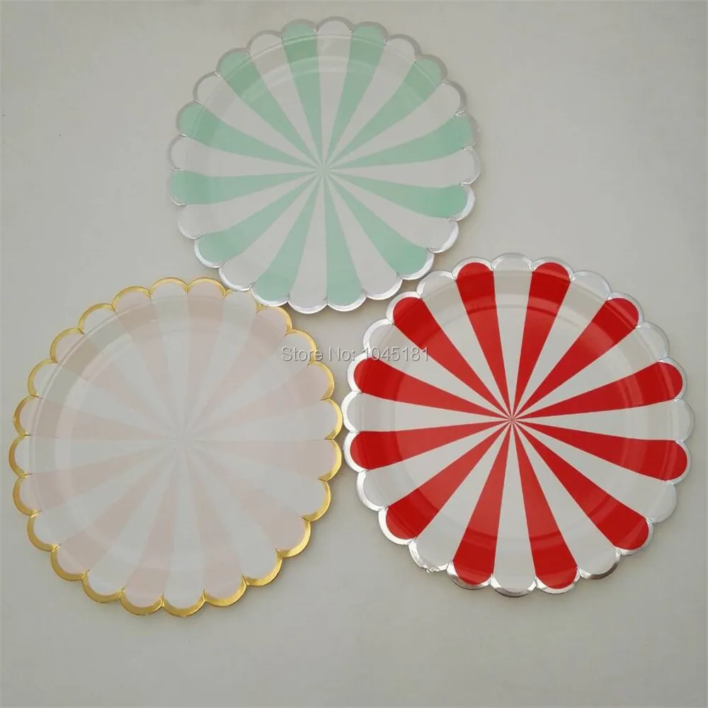 ipalmay Free Shipping Gold Silver Foil Party Paper Food Tray 9inch Disposable Plates Pink Red Mint Striped for Baby Shower | Дом и сад