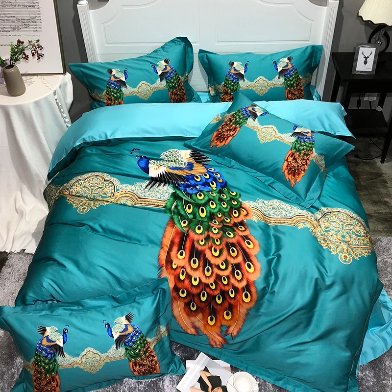 

Luxury blue red peacock 100S Egyptian cotton digital printing Bedding sets Queen King Duvet cover Bed sheet set Pillowcases 4pc