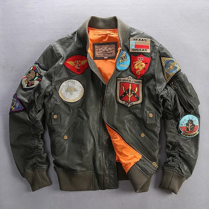 Мужские черные Top Gun кожаная куртка пилота из натуральной овечьей кожи короткая размера плюс XXXL Для мужчин зимние военные куртки русский кожаные пальто