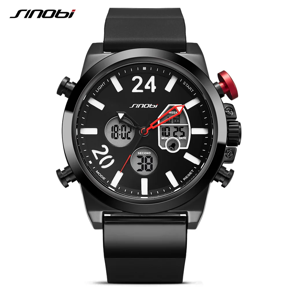 blackred SINOBI мужские наручные часы светодиодный хронограф часы мужские военные водонепроницаемые кварцевые мужские часы цифровые спортивные часы Relogio Masculino - Цвет: blackred
