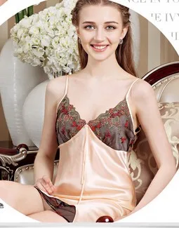 Шелковая шелковая атласная сексуальная женская ночная рубашка с глубоким