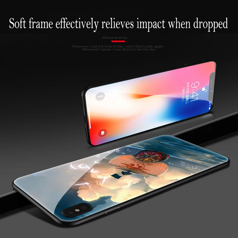 Cartoon One Piece Apple XS max / XR Explosion-proof glass phone case cute female iphone 6S 7/ 8plus anti-fall mobile bag | Мобильные