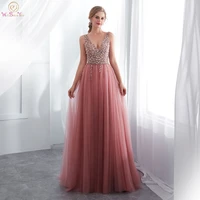 pink evening dress 2020 hot sale style beading sequined top high split leg sexy for women tulle sweep train sleeveless prom gown