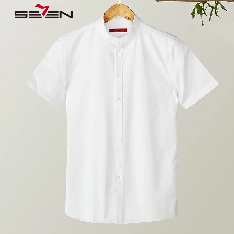 Seven7 брендовые летние мужские рубашки однотонные с воротником Мандарин для