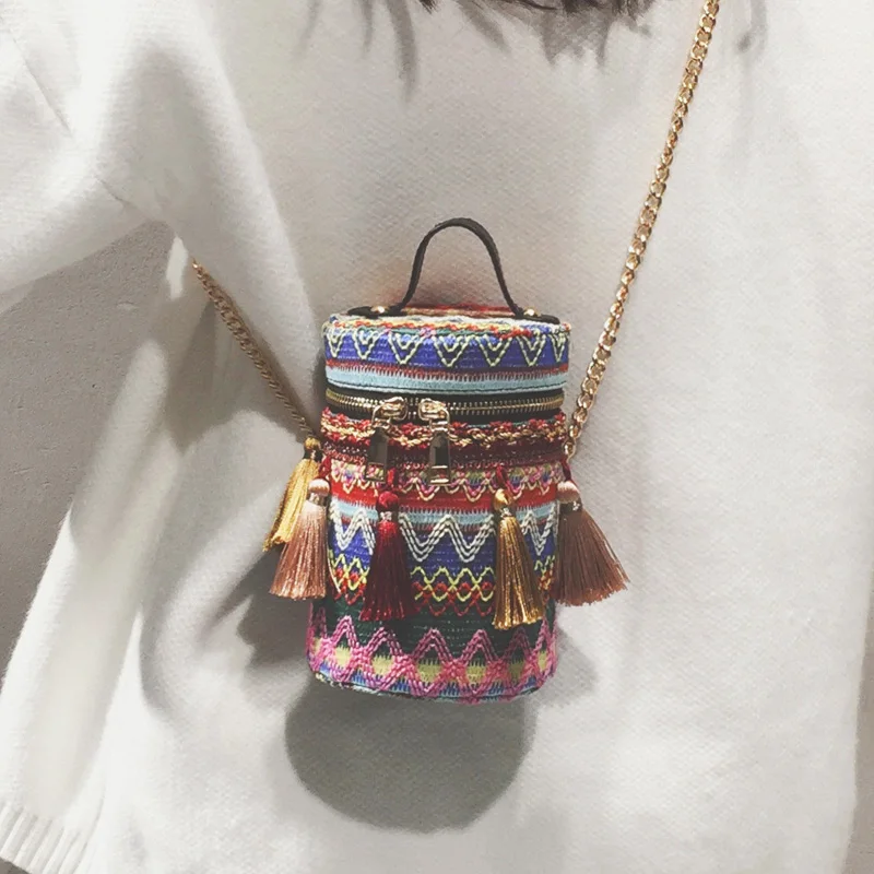 Boho плетеные этнические сумки с кисточками в форме бочонка 2020 верхними ручками