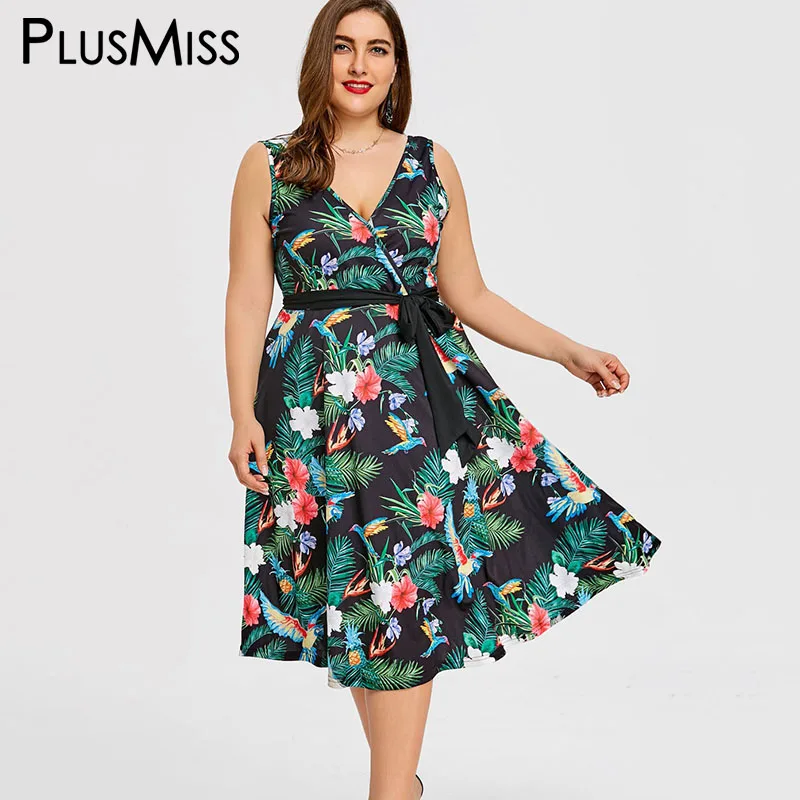 Plusmiss плюс Размеры 5xl Лето 2018 Гавайский Leaf Printed Midi Dress женская одежда без рукавов V
