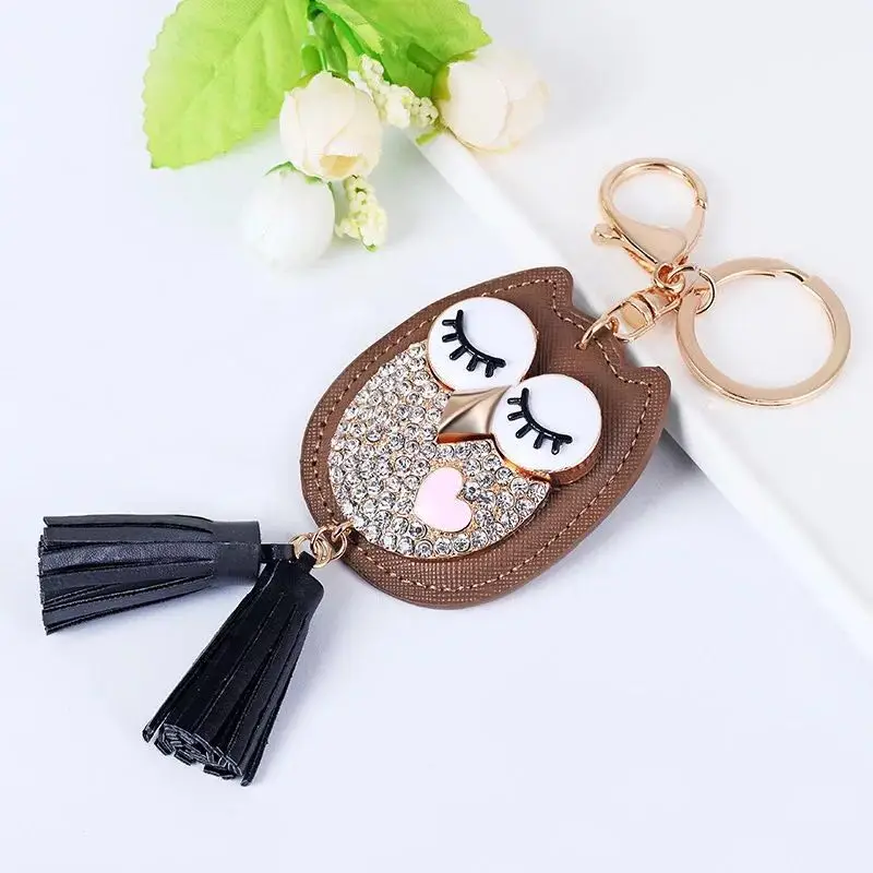 Креативный кожаный брелок с бахромой в виде совы милый кристаллами для