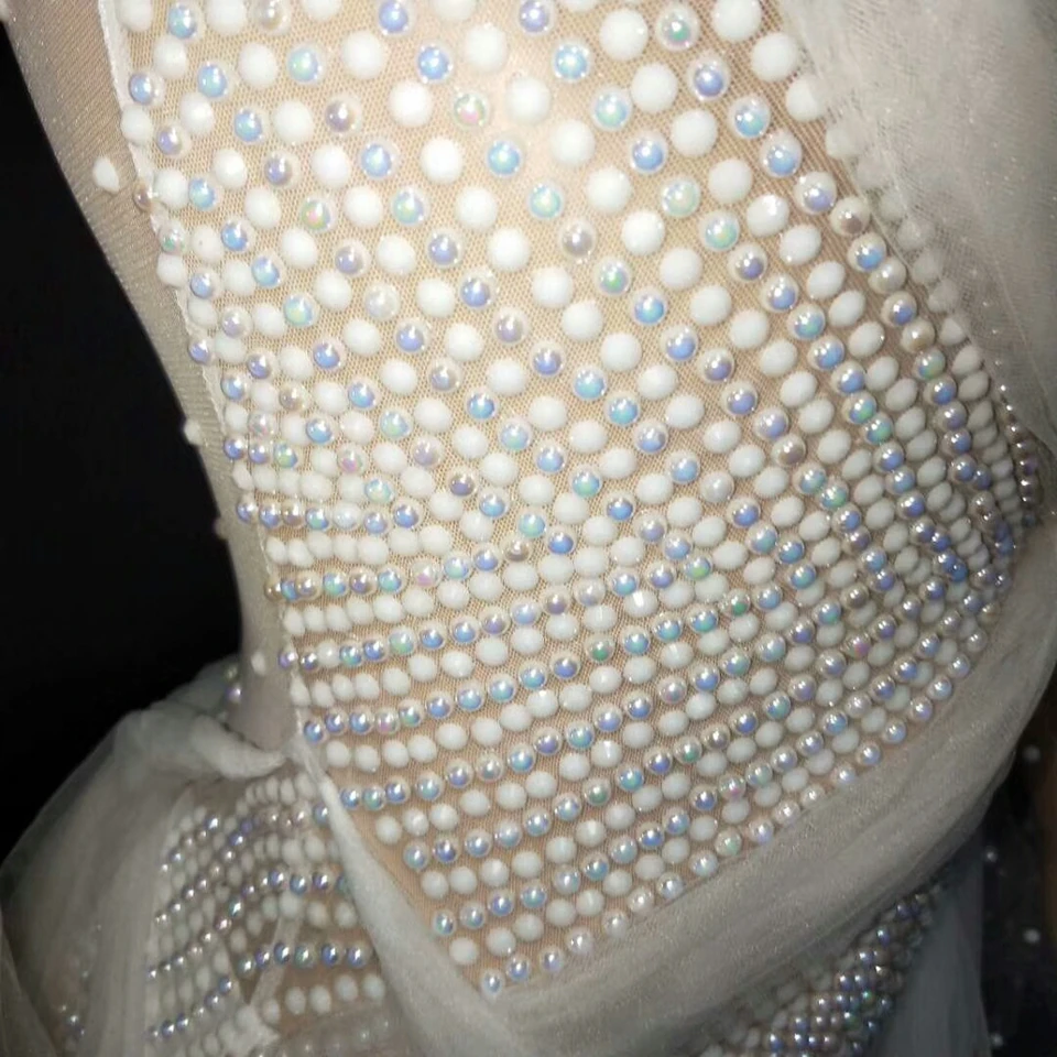 White Mesh Pearls Bodysuit Women Dance Costumes Birthday Bar Nightclub Party Jumpsuit Female Singer Performance Stage Outfits