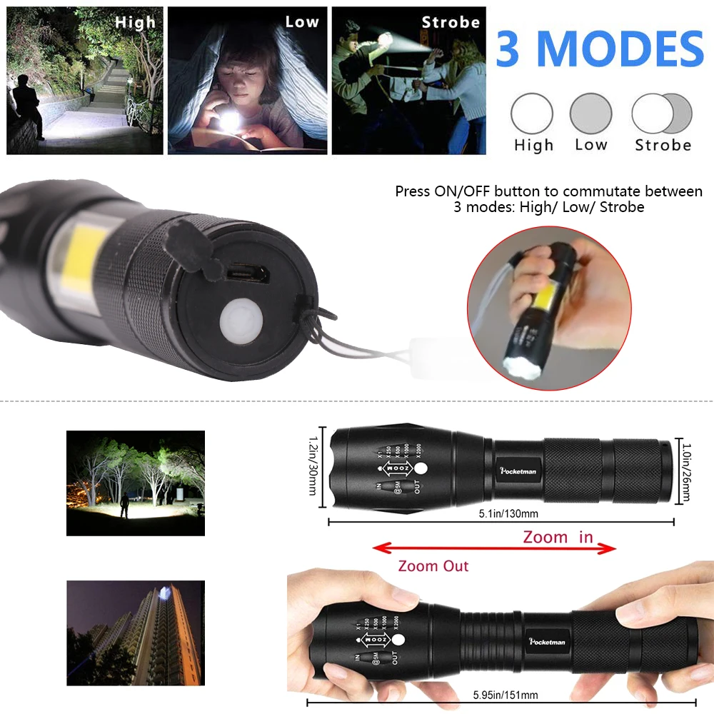 Мощный перезаряжаемый USB фонарик L2/T6 светодиодный COB масштабируемый с рядом