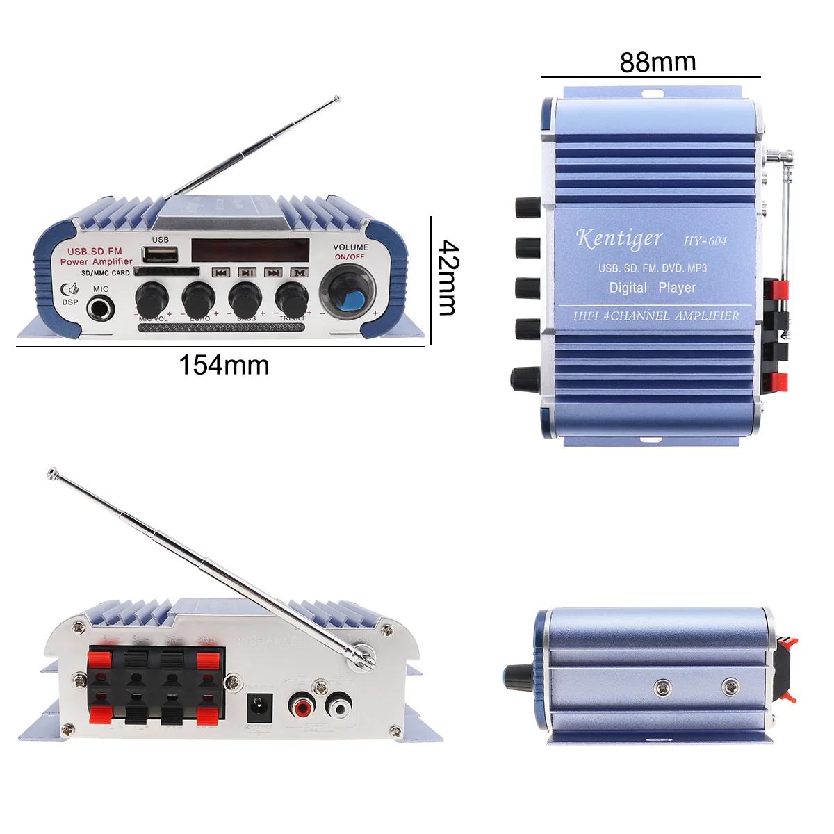 HY-604 4x42 Вт Hi-Fi автомобильный аудио усилитель мощности fm-радио плеер функция реверберации MP3 FM USB SD DVD микрофон для автомобиля дома