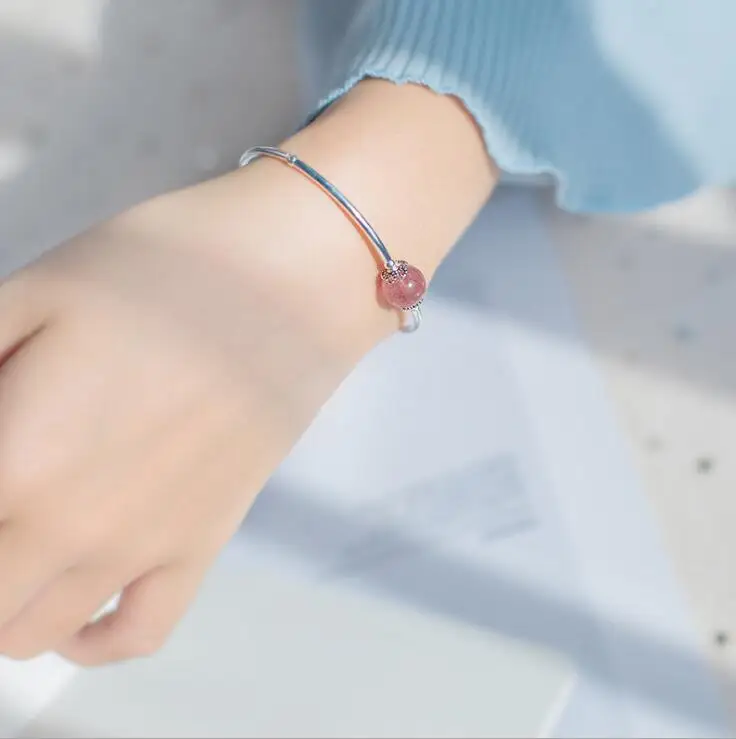 Серебряный браслет 100% реальная кожа серебряный с клубничным хрустальным бусином