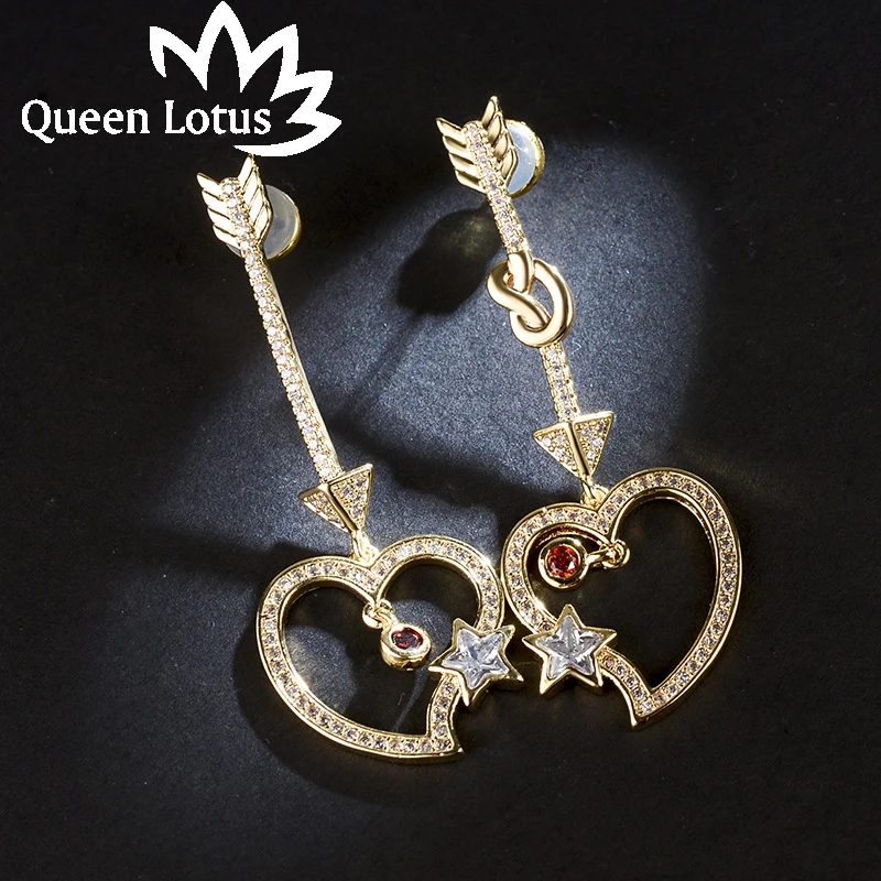 Корейские асимметричные длинные серьги Queen Lotus с полым сердцем для женщин