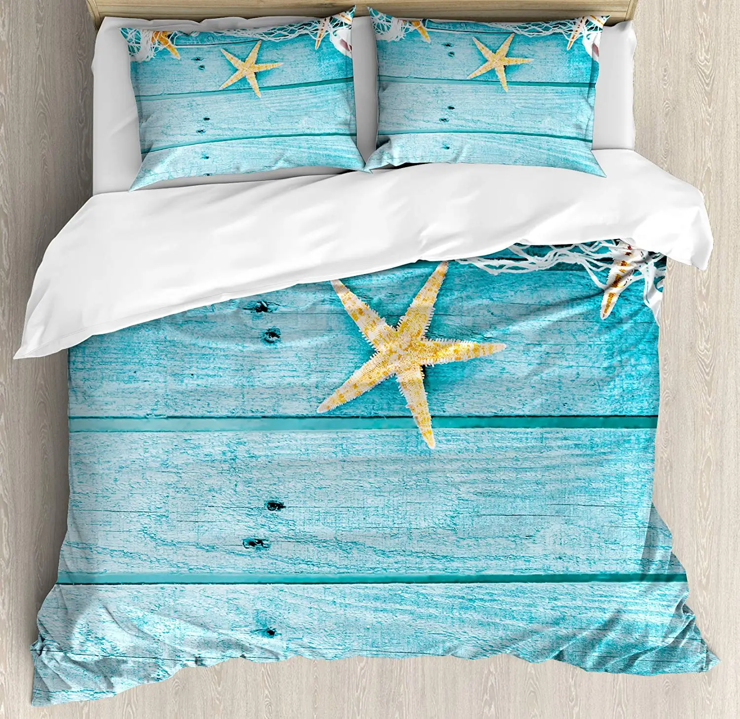 Starfish Decor Duvet Cover Set Queen Size Rustic Wood Boards Fishing Net and Ocean Animals Nautical Print Decorative 4 Piece Bed | Дом и сад