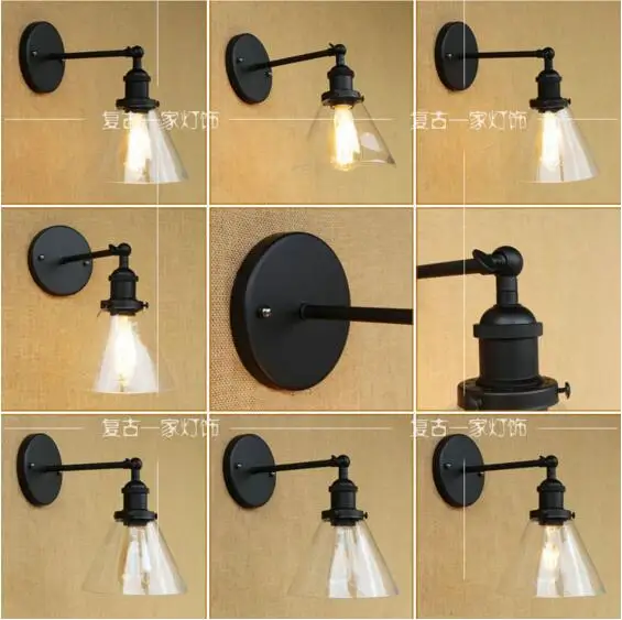 Style Loft Industrial Wall Light Vintage Glass Lampshade Edison LED Stair Lights Black Sconce Appliques Murale Lampen | Лампы и