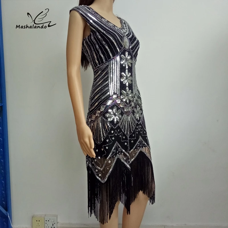 Платье С Блестками Бисером v образным вырезом и кисточками длинное черное