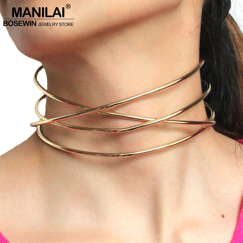MANILAI Fashion Jewelry Choker Necklaces For Women Chokers Collar Statement Necklace Maxi Female Alloy Torques Gold Silver Color | Украшения