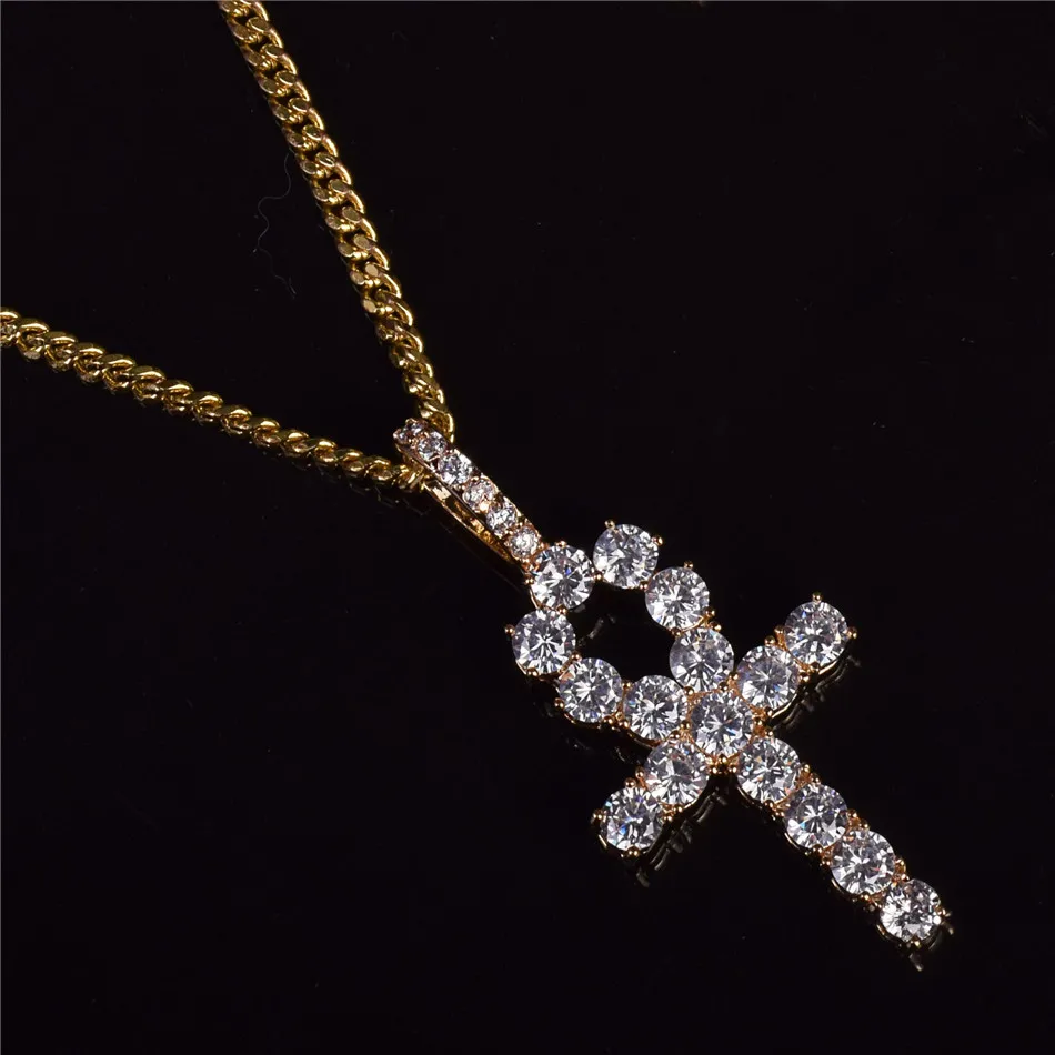gold Подвеска в виде креста из циркона Ankh, золото, серебро, медь, материал CZ, Египетский ключ жизни, кулон, ожерелье для мужчин и женщин, ювелирные изделия в стиле хип-хоп - Окраска металла: gold