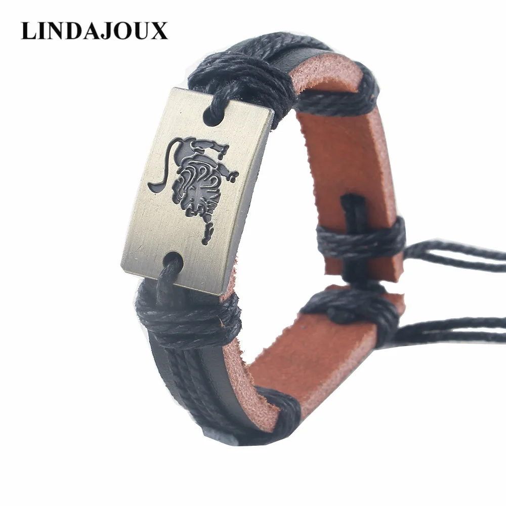 Мужской и женский браслет LINDAJOUX черный кожаный с 12 созвездия зодиака | Украшения