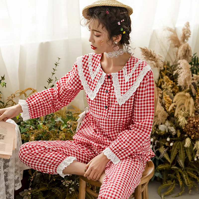 Весенняя клетчатая пижама с длинными рукавами и кукольным воротником для