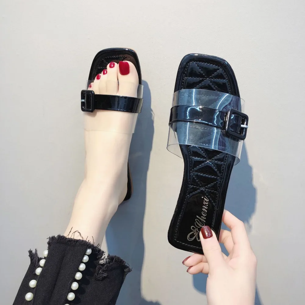 Прозрачные Пляжные шлепанцы модель 2019 года sapztos женские короткие на плоской