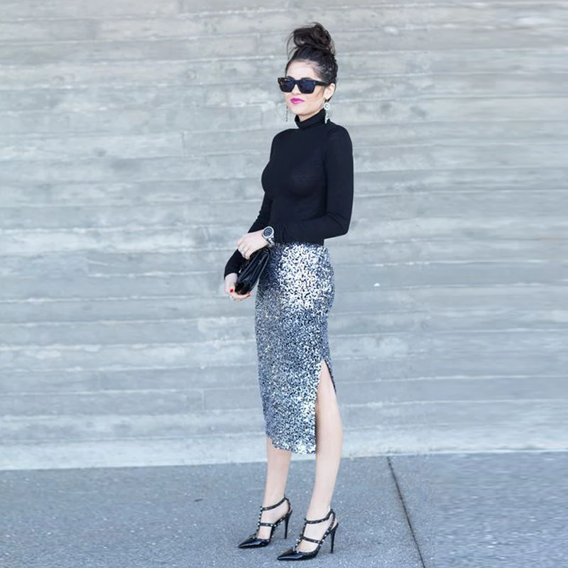 Женская Блестящая эластичная юбка серебро 2017 пробы с блестками коротким