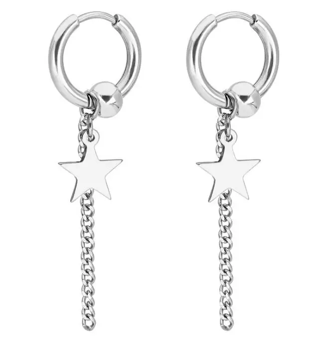 Star Silver SaYao 2 Pieces Stainless Steel Hoop Earring Skull Cross Tassel Chain Ear Earrings Huggie Earring Jewelry Helix Tragus Boy Men - Окраска металла: Star Silver
